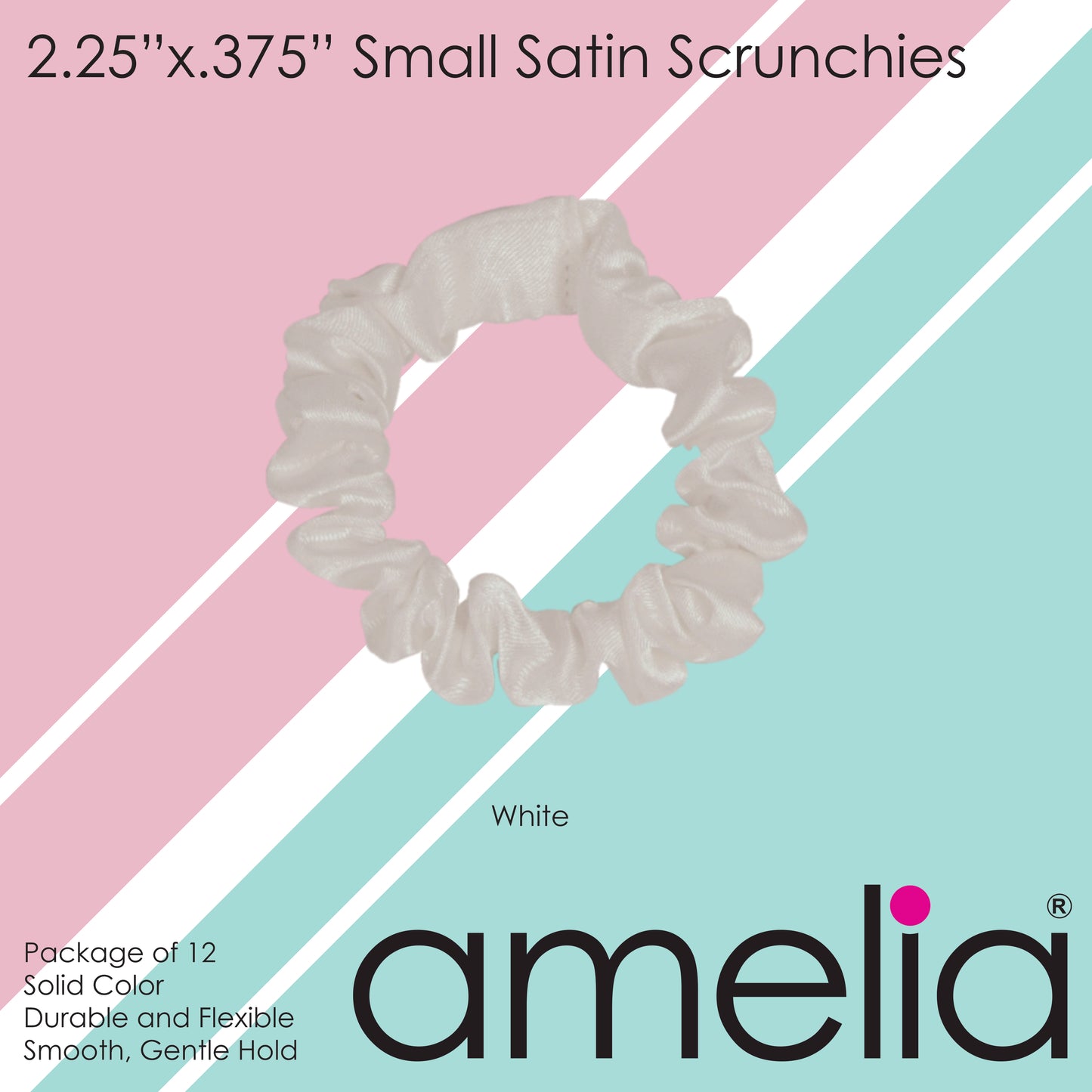 Amelia Beauty, White Satin Scrunchies, 2.25in Diameter, Gentle on Hair, Strong Hold, No Snag, No Dents or Creases. 12 Pack