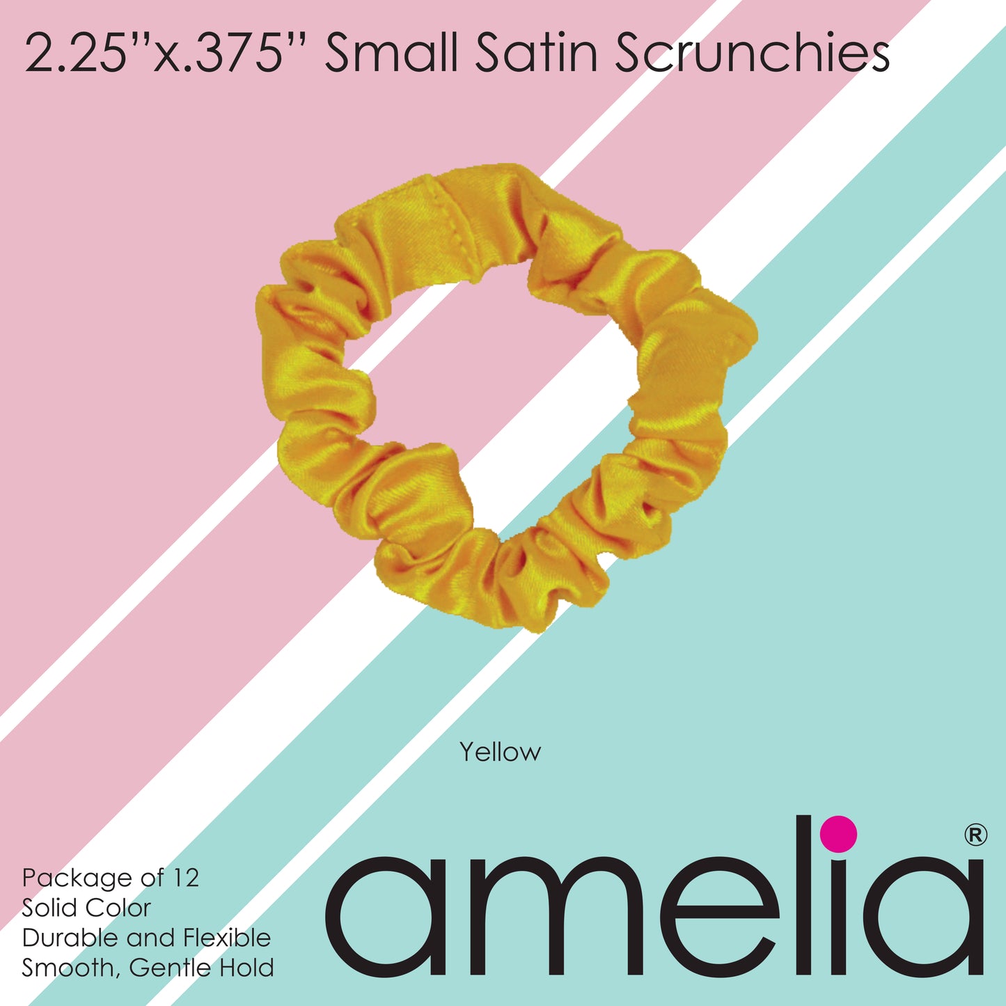 Amelia Beauty, Yellow Satin Scrunchies, 2.25in Diameter, Gentle on Hair, Strong Hold, No Snag, No Dents or Creases. 12 Pack