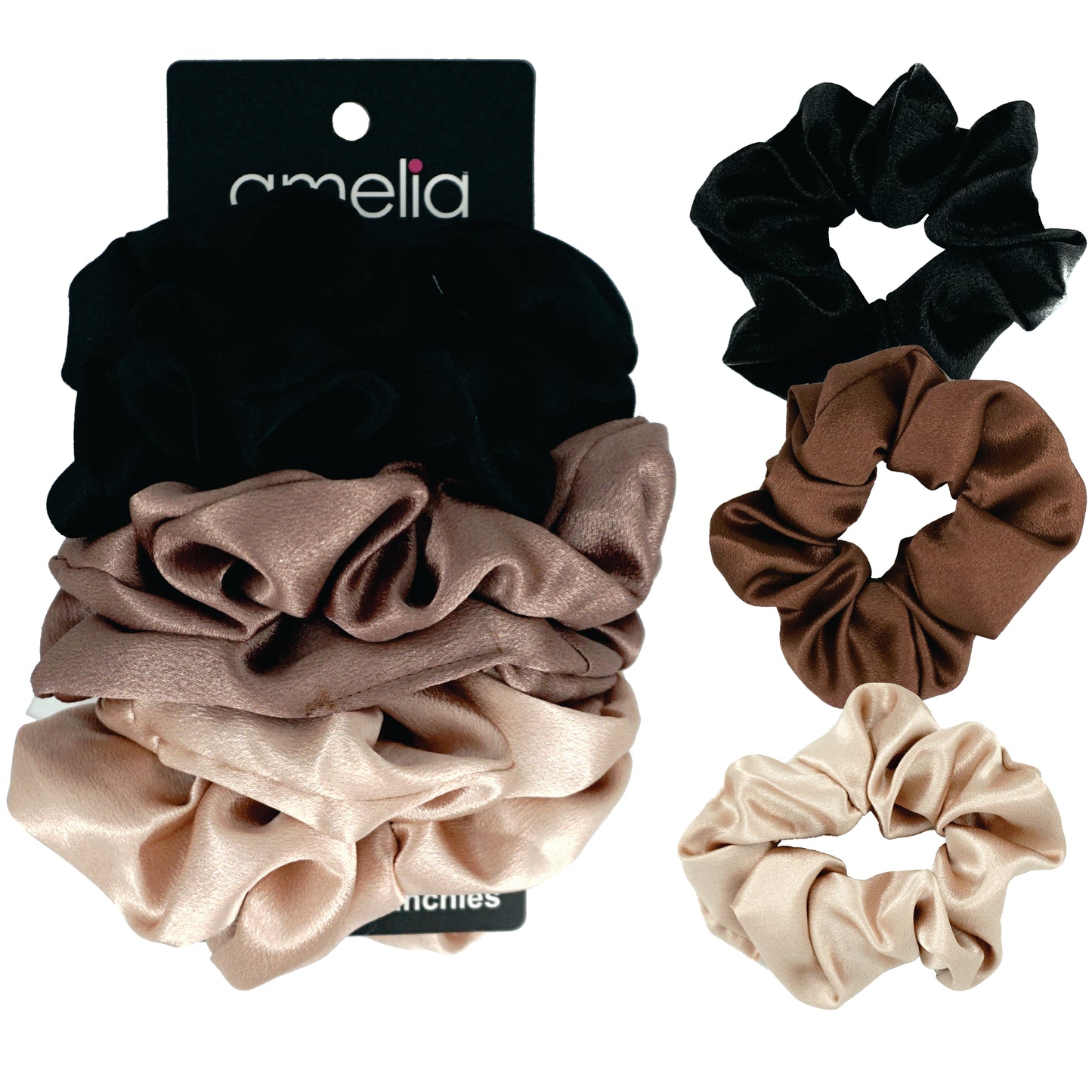 Amelia Beauty Products, Black, Brown and Tan Imitation Silk Scrunchies, 4.5in Diameter, Gentle on Hair, Strong Hold, No Snag, No Dents or Creases. 6 Pack