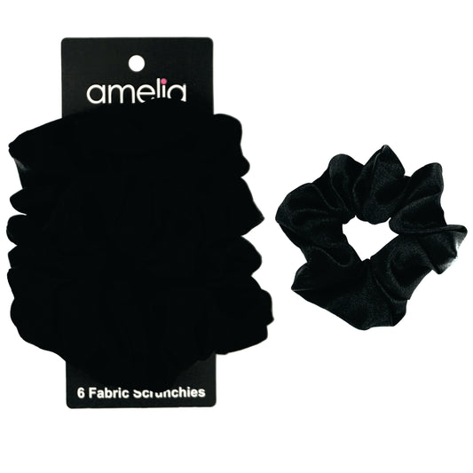 Amelia Beauty Products, Black Imitation Silk Scrunchies, 4.5in Diameter, Gentle on Hair, Strong Hold, No Snag, No Dents or Creases. 6 Pack