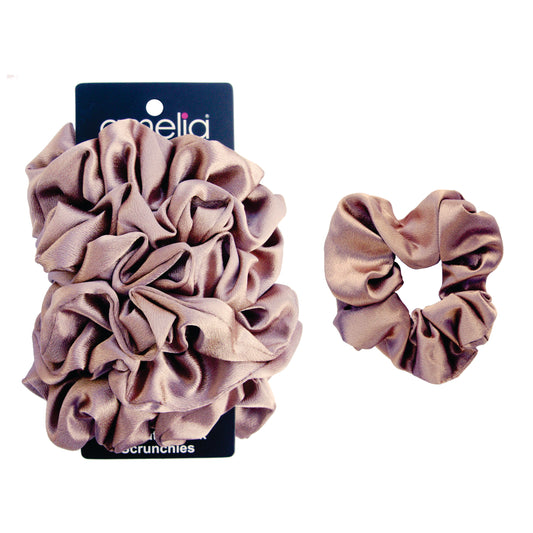 Amelia Beauty Products, Brown Imitation Silk Scrunchies, 4.5in Diameter, Gentle on Hair, Strong Hold, No Snag, No Dents or Creases. 6 Pack