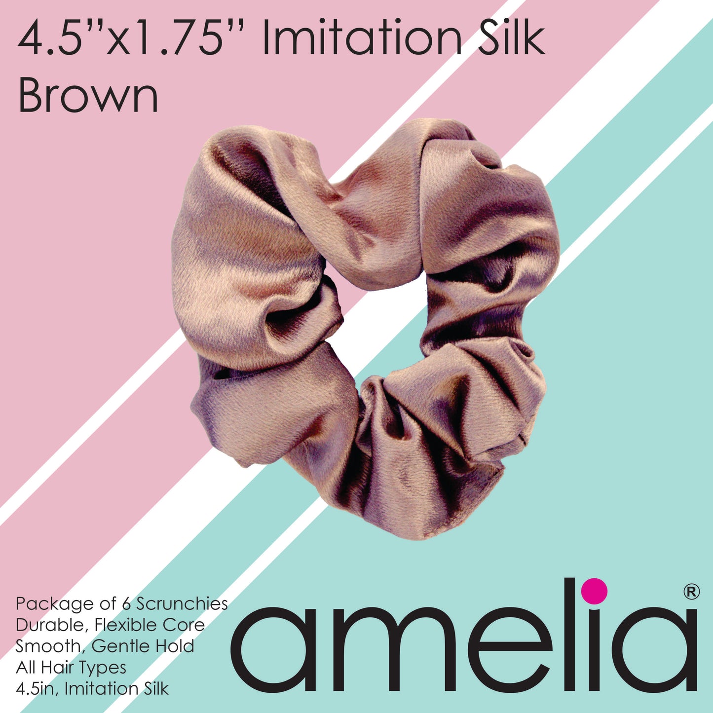 Amelia Beauty Products, Brown Imitation Silk Scrunchies, 4.5in Diameter, Gentle on Hair, Strong Hold, No Snag, No Dents or Creases. 6 Pack