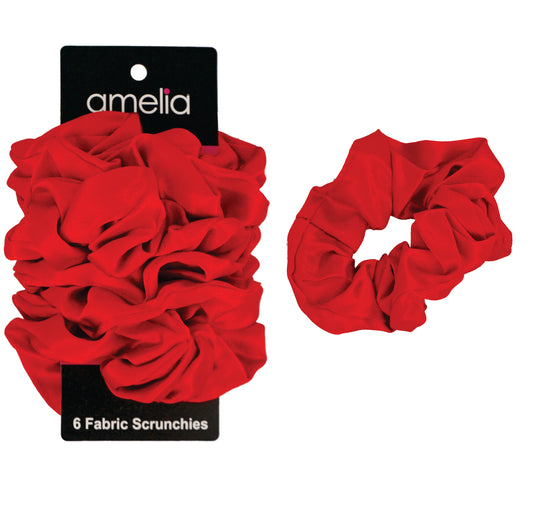 Amelia Beauty, Red Imitation Silk Scrunchies, 4.5in Diameter, Gentle on Hair, Strong Hold, No Snag, No Dents or Creases. 6 Pack