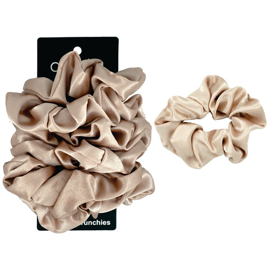 Amelia Beauty, Tan Imitation Silk Scrunchies, 4.5in Diameter, Gentle on Hair, Strong Hold, No Snag, No Dents or Creases. 6 Pack