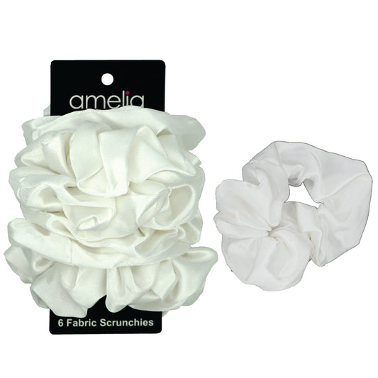 Amelia Beauty, White Imitation Silk Scrunchies, 4.5in Diameter, Gentle on Hair, Strong Hold, No Snag, No Dents or Creases. 6 Pack