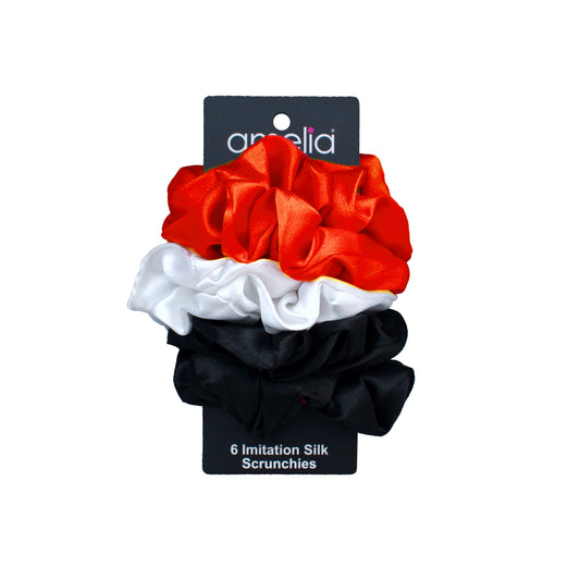 Amelia Beauty Products, Black, White and Orange Mix, Imitation Silk Scrunchies, 4.5in Diameter, Gentle on Hair, Strong Hold, No Snag, No Dents or Creases. 6 Pack