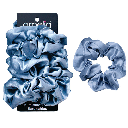 Amelia Beauty Pastel Blue Imitation Silk Scrunchies, 4.5in Diameter, Gentle on Hair, Strong Hold, No Snag, No Dents or Creases. 6 Pack