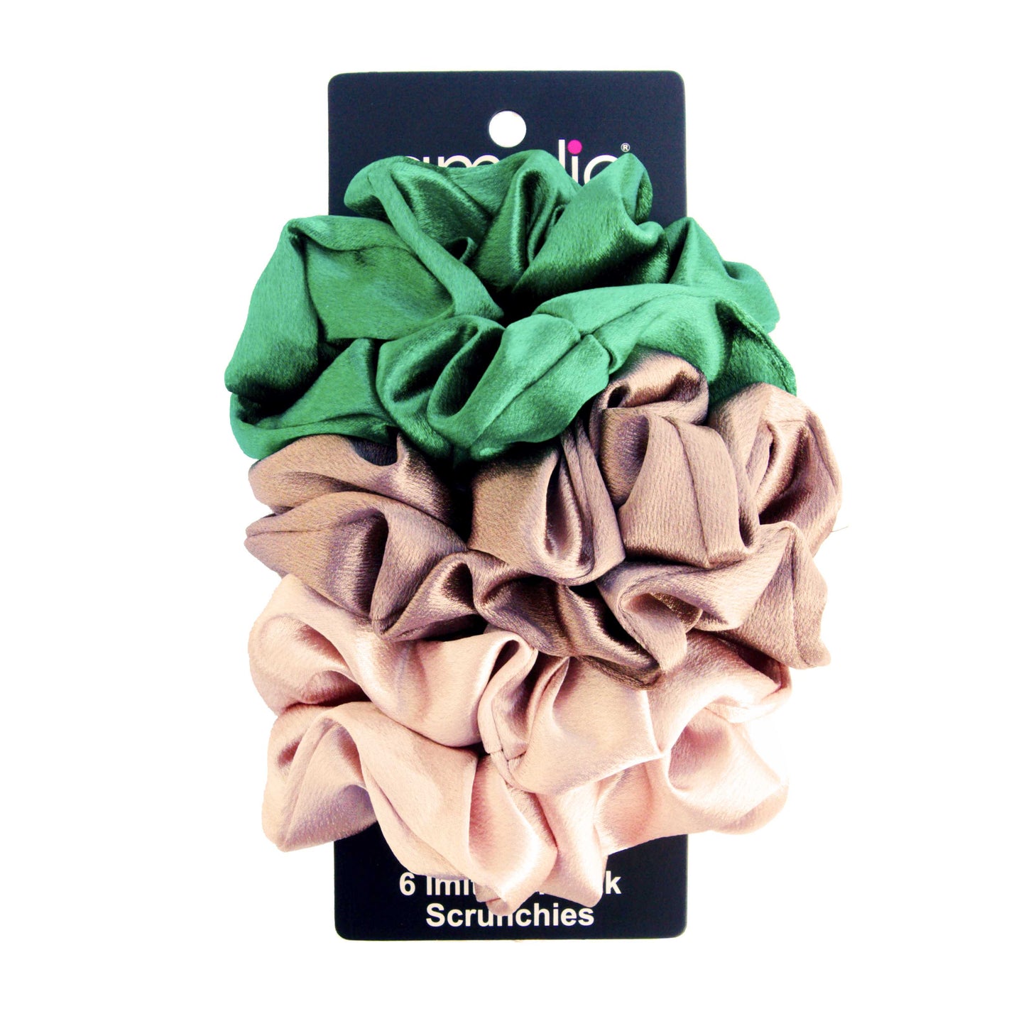 Amelia Beauty, Forest Mix Imitation Silk Scrunchies, 4.5in Diameter, Gentle on Hair, Strong Hold, No Snag, No Dents or Creases. 6 Pack