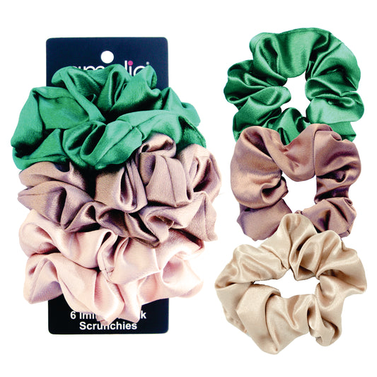 Amelia Beauty, Forest Mix Imitation Silk Scrunchies, 4.5in Diameter, Gentle on Hair, Strong Hold, No Snag, No Dents or Creases. 6 Pack