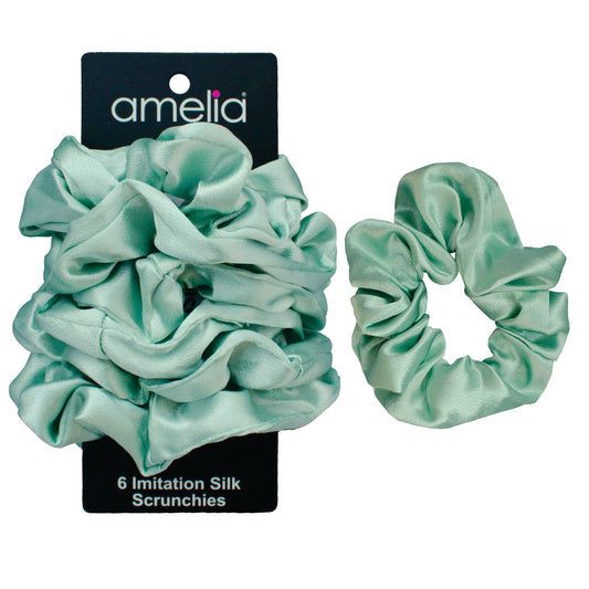 Amelia Beauty, Pastel Green, 4.5in Diameter Imitation Silk Scrunchies, Gentle on Hair, Strong Hold, No Snag, No Dents or Creases. 6 Pack