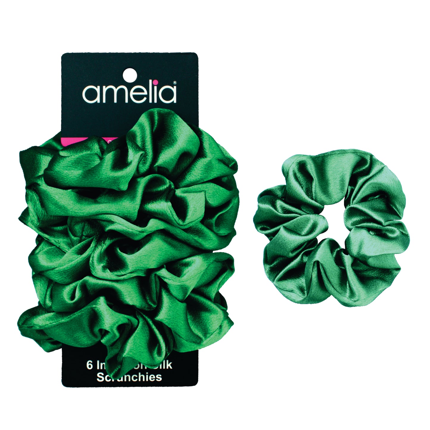 Amelia Beauty Products, Green Imitation Silk Scrunchies, 4.5in Diameter, Gentle on Hair, Strong Hold, No Snag, No Dents or Creases. 6 Pack