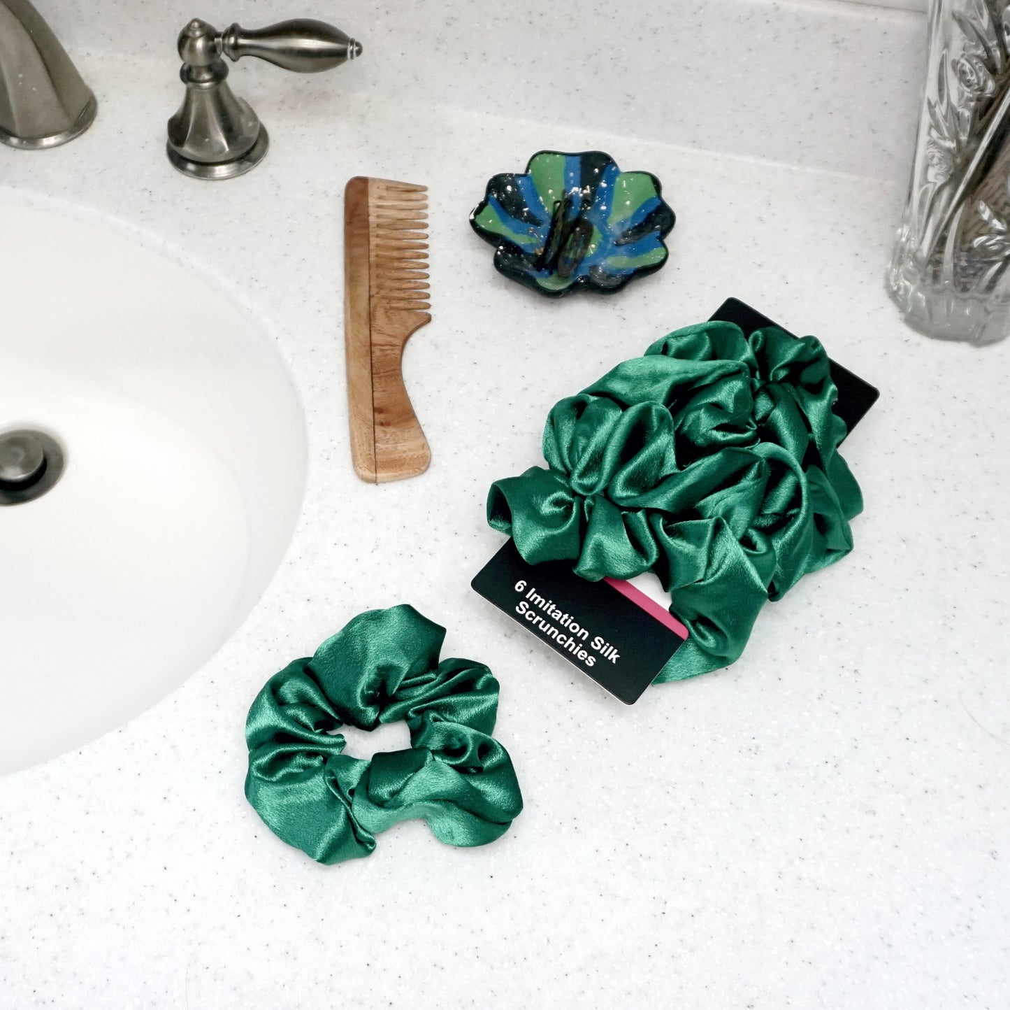Amelia Beauty Products, Green Imitation Silk Scrunchies, 4.5in Diameter, Gentle on Hair, Strong Hold, No Snag, No Dents or Creases. 6 Pack