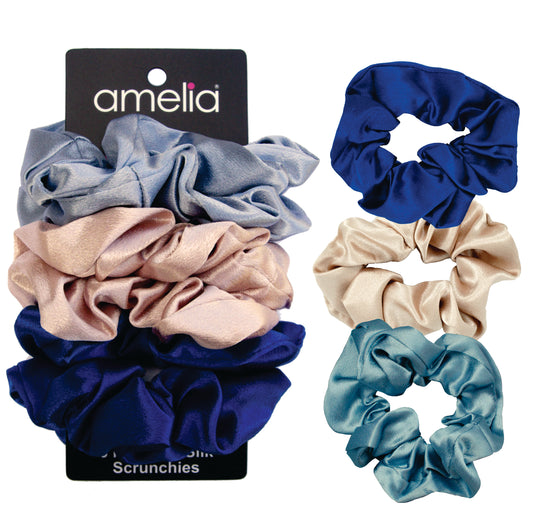 Amelia Beauty, Ocean Mix Imitation Silk Scrunchies, 4.5in Diameter, Gentle on Hair, Strong Hold, No Snag, No Dents or Creases. 6 Pack