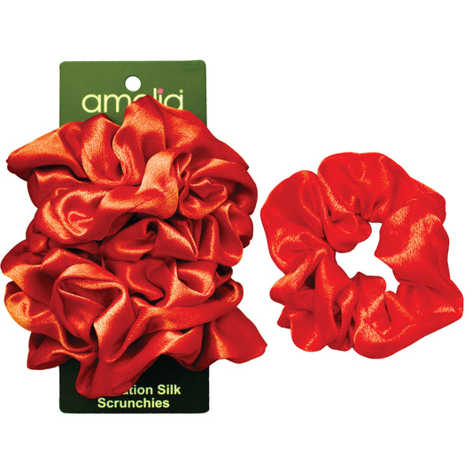 Amelia Beauty, Orange Imitation Silk Scrunchies, 4.5in Diameter, Gentle on Hair, Strong Hold, No Snag, No Dents or Creases. 6 Pack