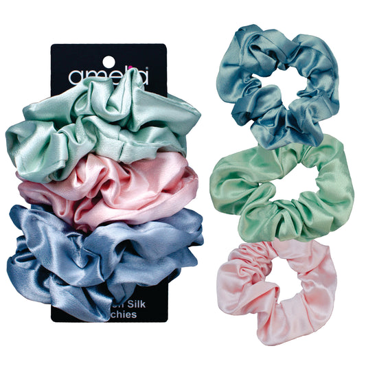 Amelia Beauty, Pastel Mix Imitation Silk Scrunchies, 4.5in Diameter, Gentle on Hair, Strong Hold, No Snag, No Dents or Creases. 6 Pack