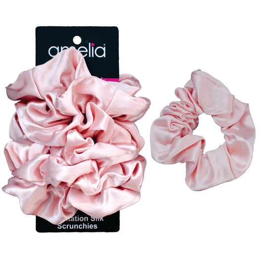 Amelia Beauty, Pastel Pink Imitation Silk Scrunchies, 4.5in Diameter, Gentle on Hair, Strong Hold, No Snag, No Dents or Creases. 6 Pack