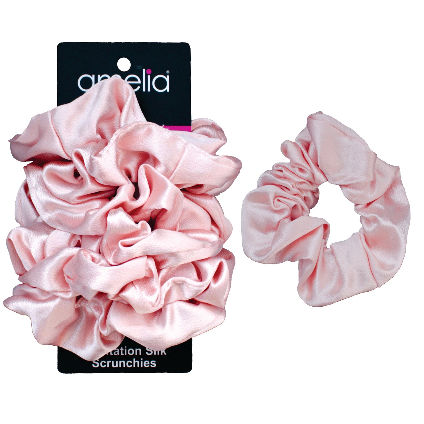 Amelia Beauty, Pink Imitation Silk Scrunchies, 4.5in Diameter, Gentle on Hair, Strong Hold, No Snag, No Dents or Creases. 6 Pack