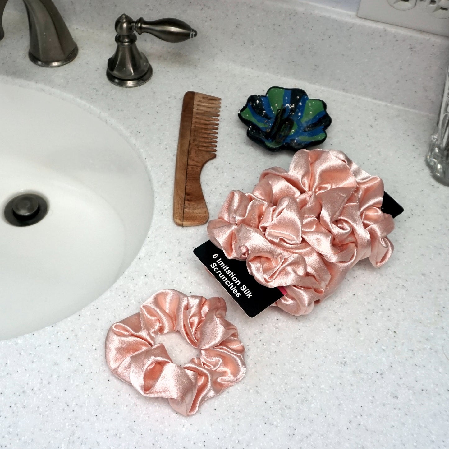 Amelia Beauty, Pastel Pink Imitation Silk Scrunchies, 4.5in Diameter, Gentle on Hair, Strong Hold, No Snag, No Dents or Creases. 6 Pack