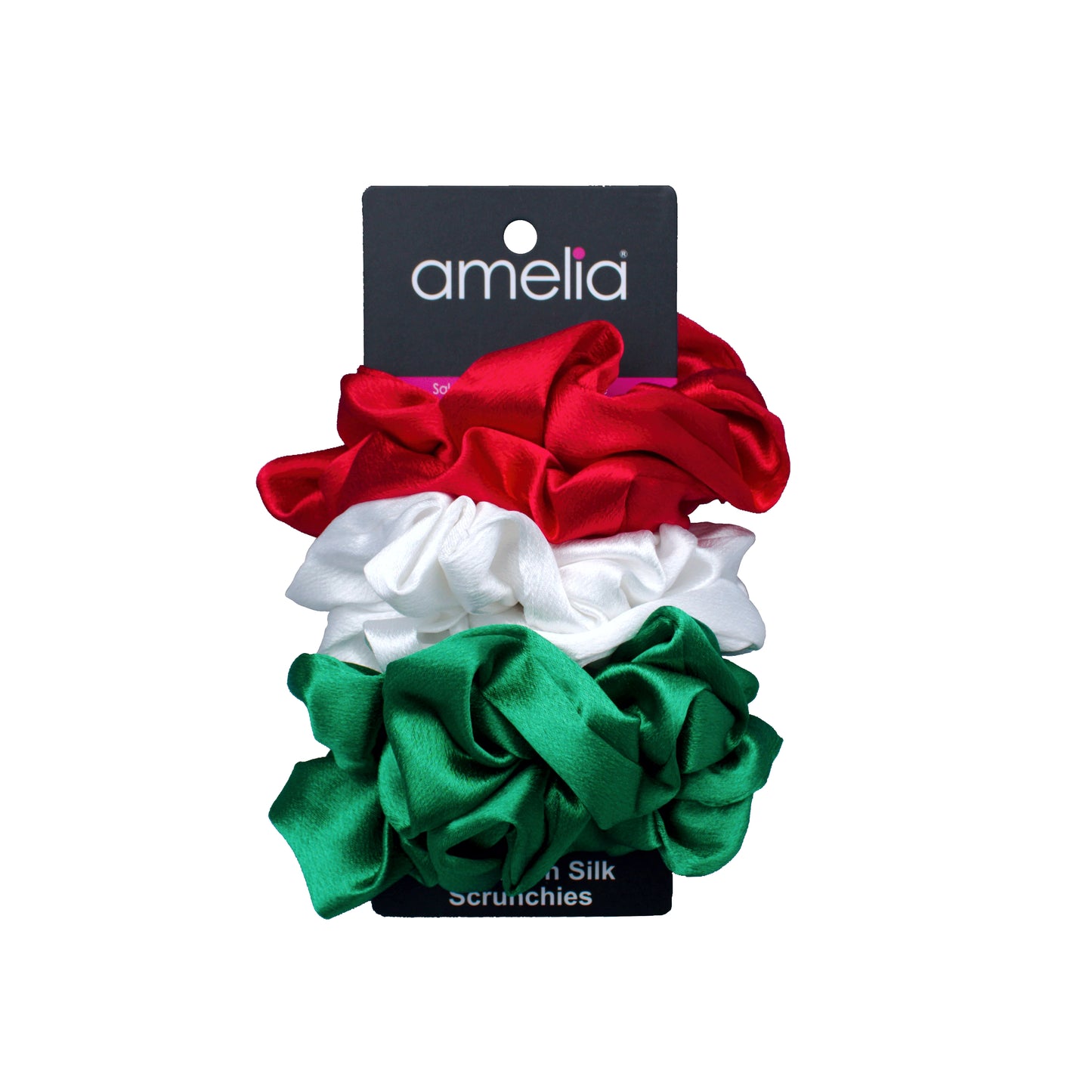 Amelia Beauty, Red, White and Green Mix Imitation Silk Scrunchies, 4.5in Diameter, Gentle on Hair, Strong Hold, No Snag, No Dents or Creases. 6 Pack