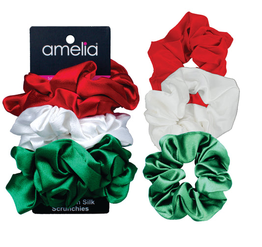 Amelia Beauty, Red, White and Green Mix Imitation Silk Scrunchies, 4.5in Diameter, Gentle on Hair, Strong Hold, No Snag, No Dents or Creases. 6 Pack