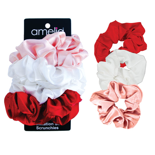 Amelia Beauty Products, Reds Mix Imitation Silk Scrunchies, 4.5in Diameter, Gentle on Hair, Strong Hold, No Snag, No Dents or Creases. 6 Pack