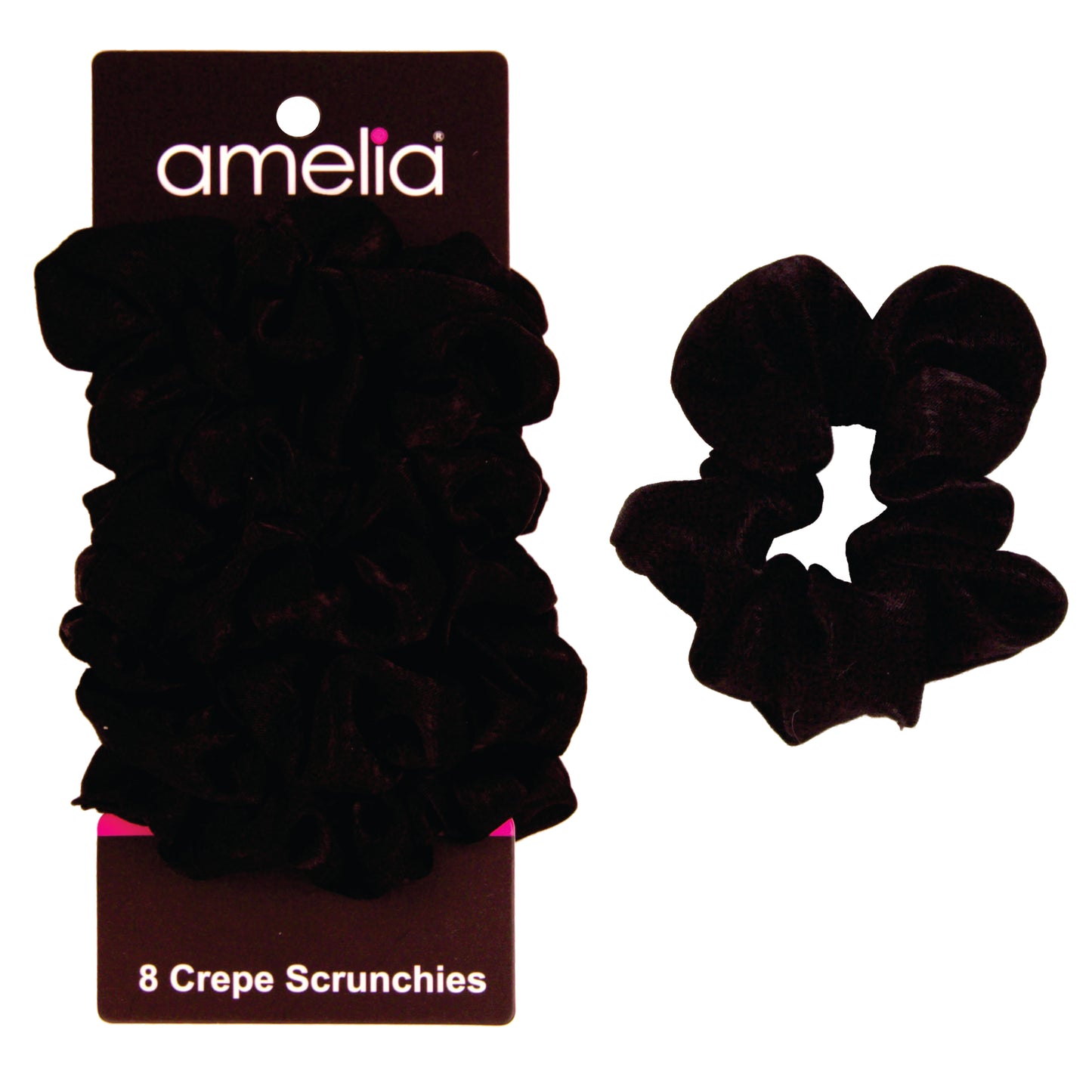 Amelia Beauty | 3in Black Crepe Scrunchies | Soft, Gentle and Strong Hold | No Snag, No Dents or Creases | 8 Pack