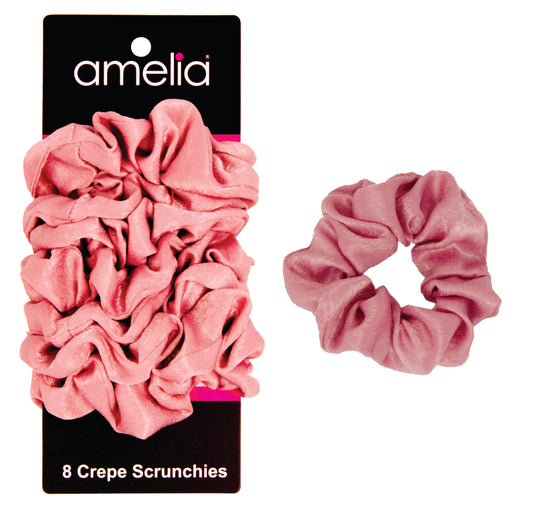 Amelia Beauty | 3in Pink Crepe Scrunchies | Soft, Gentle and Strong Hold | No Snag, No Dents or Creases | 8 Pack