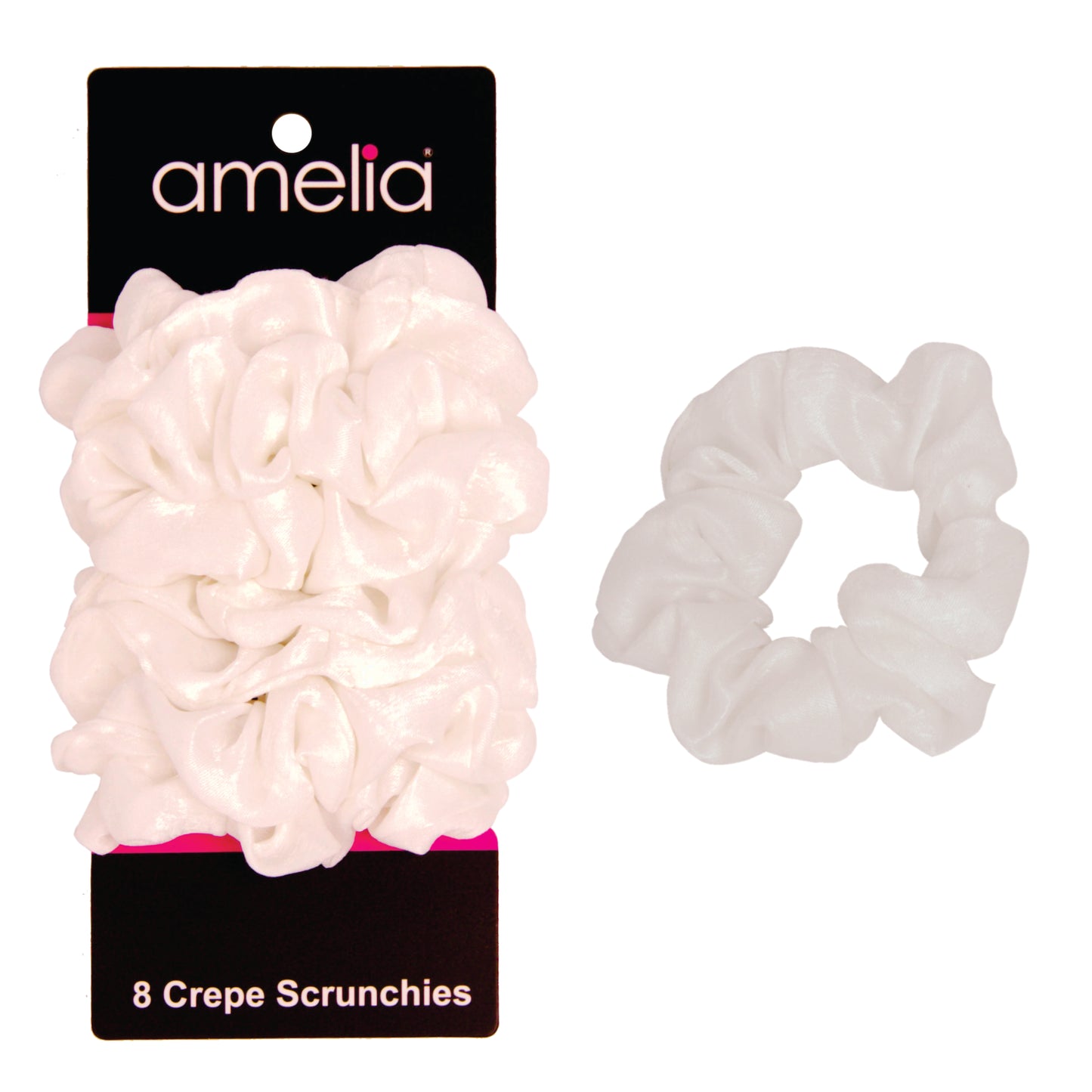 Amelia Beauty | 3in White Crepe Scrunchies | Soft, Gentle and Strong Hold | No Snag, No Dents or Creases | 8 Pack