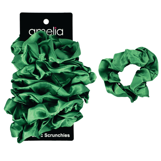 Amelia Beauty Products, Green Satin Scrunchies, 3.5in Diameter, Gentle on Hair, Strong Hold, No Snag, No Dents or Creases. 8 Pack