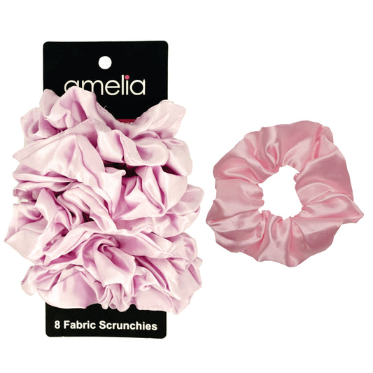 Amelia Beauty Products, Pink Satin Scrunchies, 3.5in Diameter, Gentle on Hair, Strong Hold, No Snag, No Dents or Creases. 8 Pack