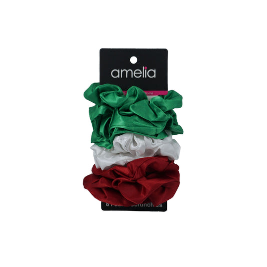 Amelia Beauty Products, Red, White and Green Satin Scrunchies, 3.5in Diameter, Gentle on Hair, Strong Hold, No Snag, No Dents or Creases. 8 Pack