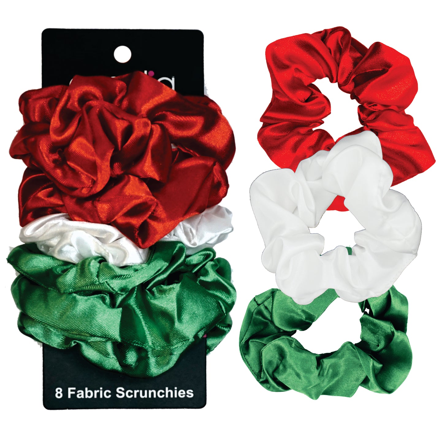 Amelia Beauty Products, Red, White and Green Satin Scrunchies, 3.5in Diameter, Gentle on Hair, Strong Hold, No Snag, No Dents or Creases. 8 Pack