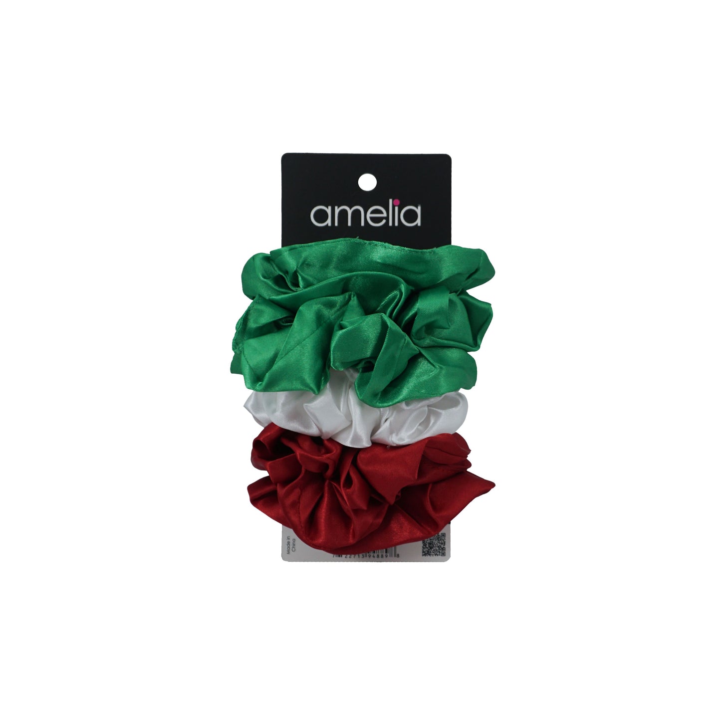Amelia Beauty Products, Red, White and Green Satin Scrunchies, 3.5in Diameter, Gentle on Hair, Strong Hold, No Snag, No Dents or Creases. 8 Pack