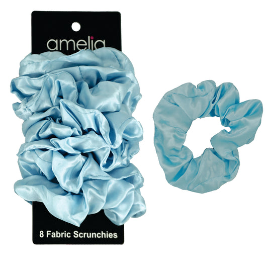 Amelia Beauty Products, Sky Satin Scrunchies, 3.5in Diameter, Gentle on Hair, Strong Hold, No Snag, No Dents or Creases. 8 Pack