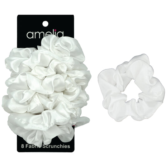 Amelia Beauty Products, White Satin Scrunchies, 3.5in Diameter, Gentle on Hair, Strong Hold, No Snag, No Dents or Creases. 8 Pack