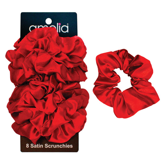 Amelia Beauty Products, Prime Red Satin Scrunchies, 3.5in Diameter, Gentle on Hair, Strong Hold, No Snag, No Dents or Creases. 8 Pack