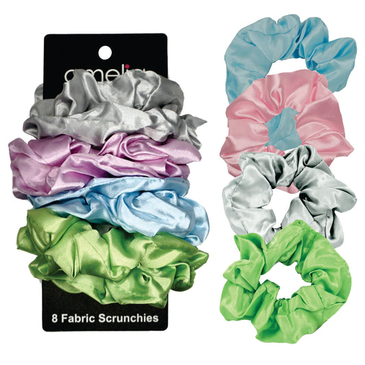 Amelia Beauty Products, Pastel Mix Satin Scrunchies, 3.5in Diameter, Gentle on Hair, Strong Hold, No Snag, No Dents or Creases. 8 Pack