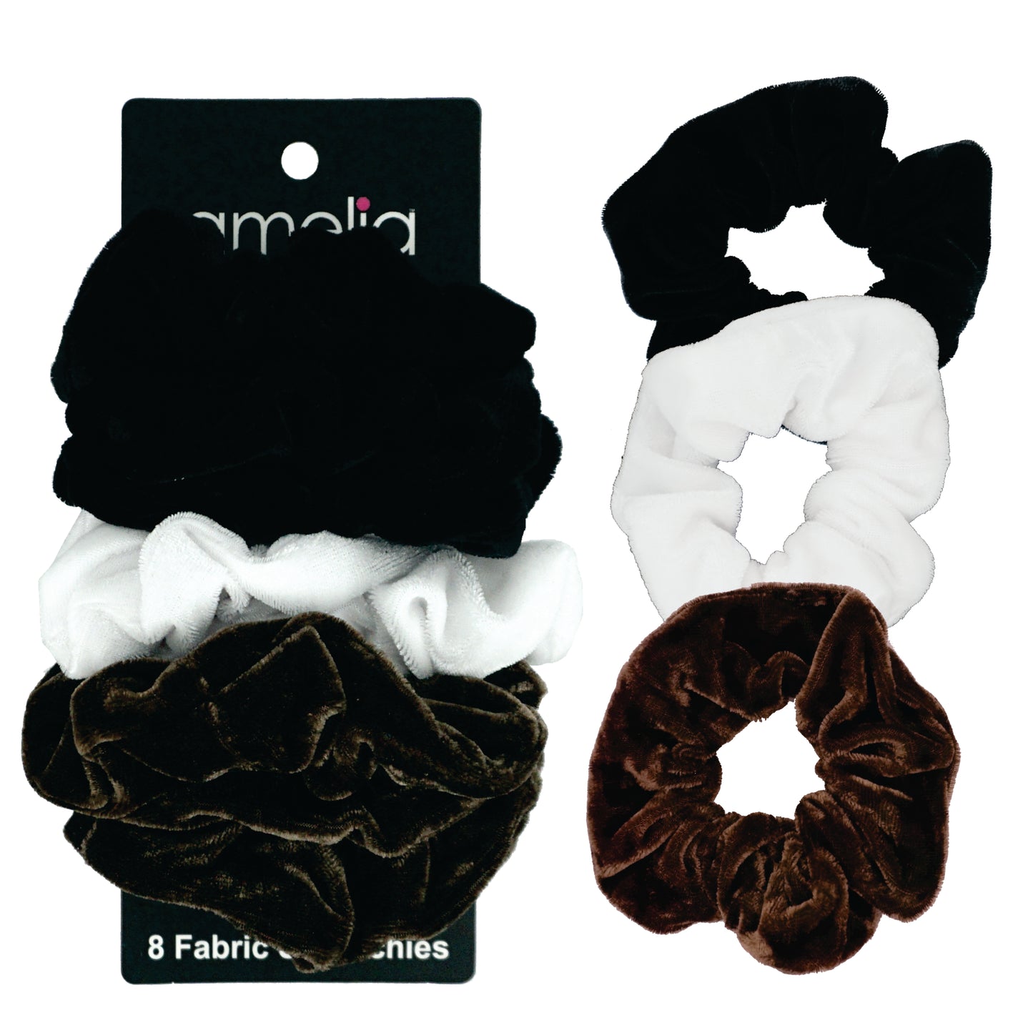 Amelia Beauty Products, Black, White and Brown Velvet Velvet Scrunchies, 3.5in Diameter, Gentle on Hair, Strong Hold, No Snag, No Dents or Creases. 8 Pack