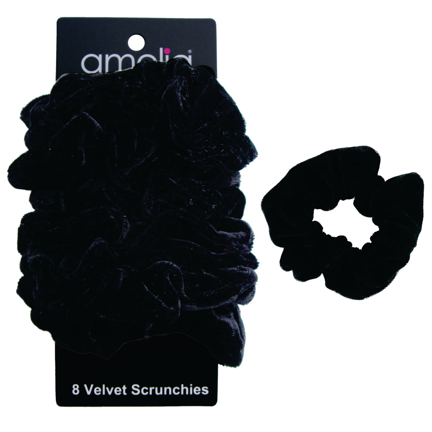 Amelia Beauty, Black Velvet Scrunchies, 3.5in Diameter, Gentle on Hair, Strong Hold, No Snag, No Dents or Creases. 8 Pack