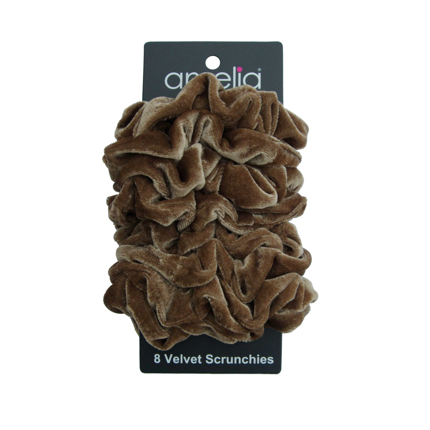 Amelia Beauty, Brown Velvet Scrunchies, 3.5in Diameter, Gentle on Hair, Strong Hold, No Snag, No Dents or Creases. 8 Pack