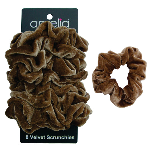 Amelia Beauty, Brown Velvet Scrunchies, 3.5in Diameter, Gentle on Hair, Strong Hold, No Snag, No Dents or Creases. 8 Pack