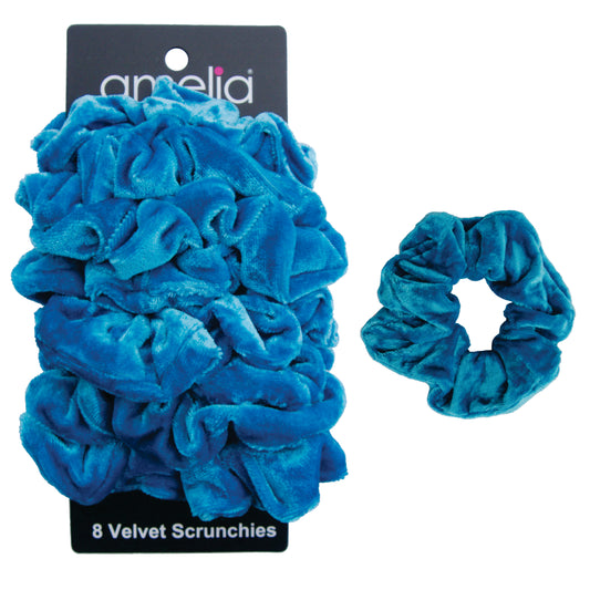 Amelia Beauty, Blue Velvet Scrunchies, 3.5in Diameter, Gentle on Hair, Strong Hold, No Snag, No Dents or Creases. 8 Pack