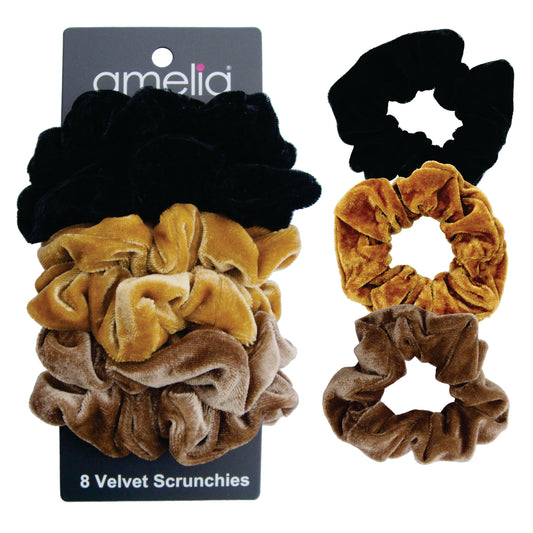 Amelia Beauty, Earth Blend Velvet Scrunchies, 3.5in Diameter, Gentle on Hair, Strong Hold, No Snag, No Dents or Creases. 8 Pack