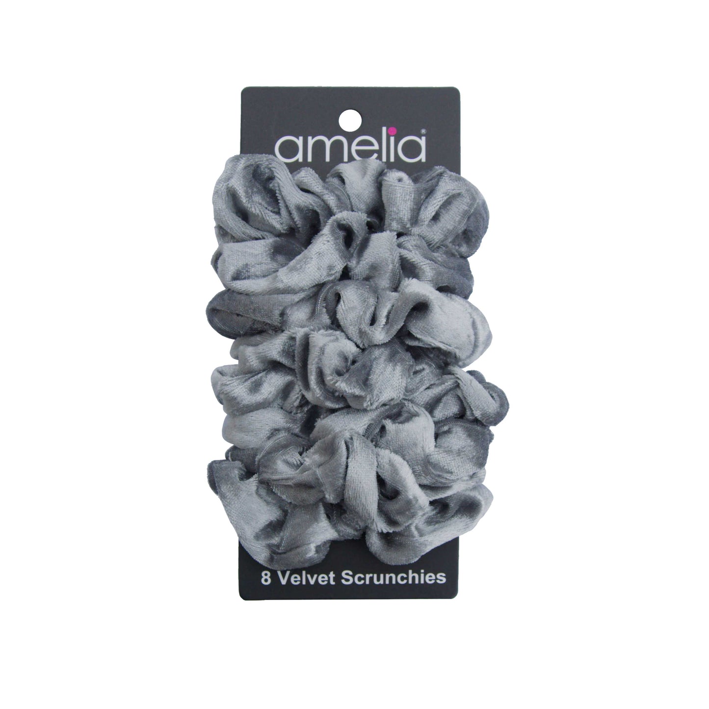 Amelia Beauty, Gray Velvet Scrunchies, 3.5in Diameter, Gentle on Hair, Strong Hold, No Snag, No Dents or Creases. 8 Pack