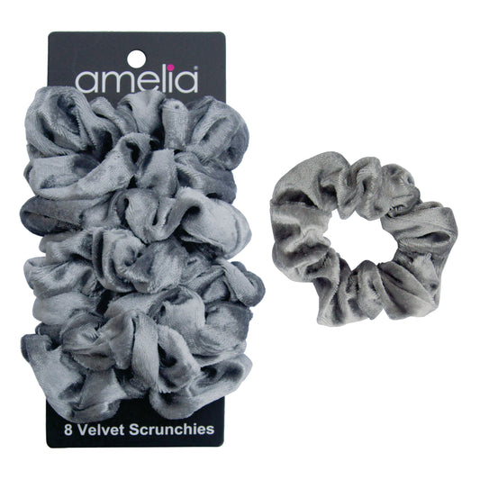 Amelia Beauty, Gray Velvet Scrunchies, 3.5in Diameter, Gentle on Hair, Strong Hold, No Snag, No Dents or Creases. 8 Pack