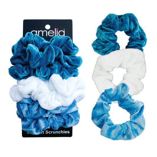 Amelia Beauty, Ocean Blend Velvet Scrunchies, 3.5in Diameter, Gentle on Hair, Strong Hold, No Snag, No Dents or Creases. 8 Pack