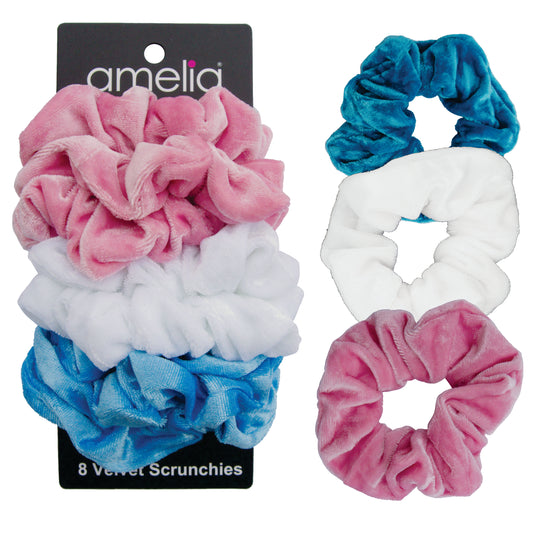 Amelia Beauty, Pastel Mix Velvet Scrunchies, 3.5in Diameter, Gentle on Hair, Strong Hold, No Snag, No Dents or Creases. 8 Pack