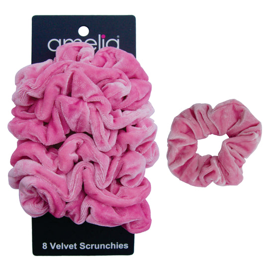 Amelia Beauty, Pink Velvet Scrunchies, 3.5in Diameter, Gentle on Hair, Strong Hold, No Snag, No Dents or Creases. 8 Pack