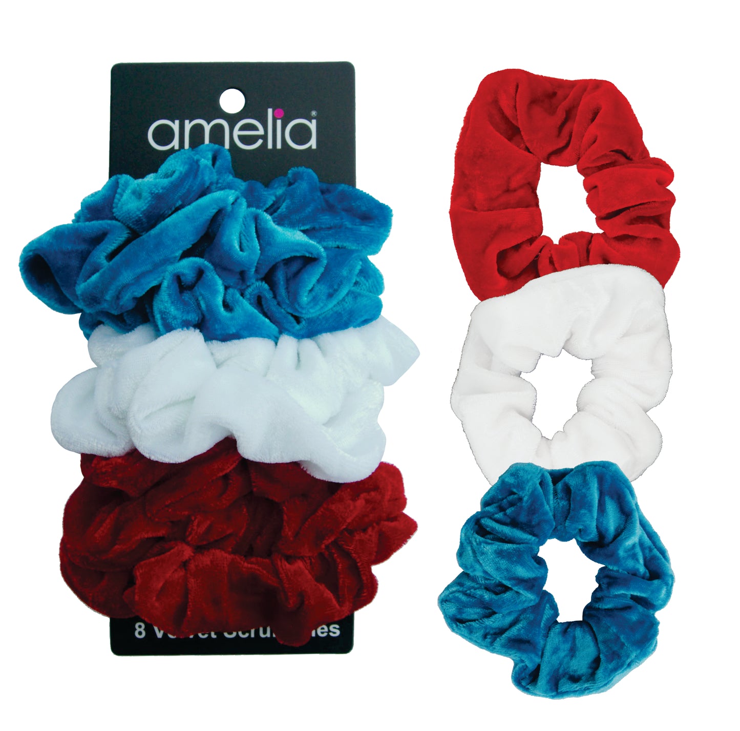 Amelia Beauty, Red, White and Blue Velvet Scrunchies, 3.5in Diameter, Gentle on Hair, Strong Hold, No Snag, No Dents or Creases. 8 Pack