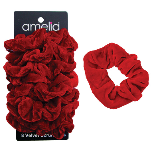 Amelia Beauty, Red Velvet Scrunchies, 3.5in Diameter, Gentle on Hair, Strong Hold, No Snag, No Dents or Creases. 8 Pack